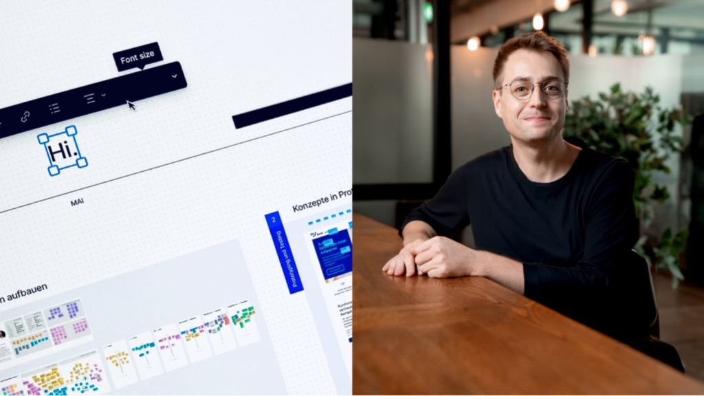Links ein Auschschnitt aus einer Whiteboard-software, der Text „Hi.“ ist groß zu sehen. Rechts ein Porträt von Ronny Puschmann.